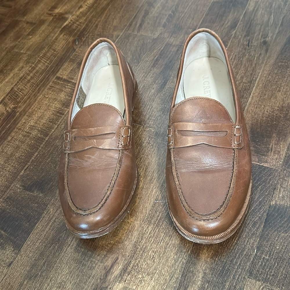 J. Crew medium brown 100% leather loafers, leather insole & sole, flats, 7